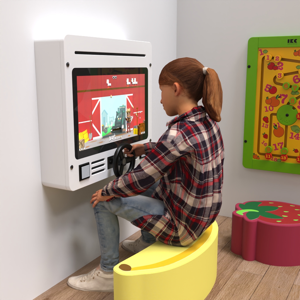 interaktywny system zabawowy z kierownicą i różnymi grami edukacyjnymi gry ścienne i miękkie poduszki do siedzenia